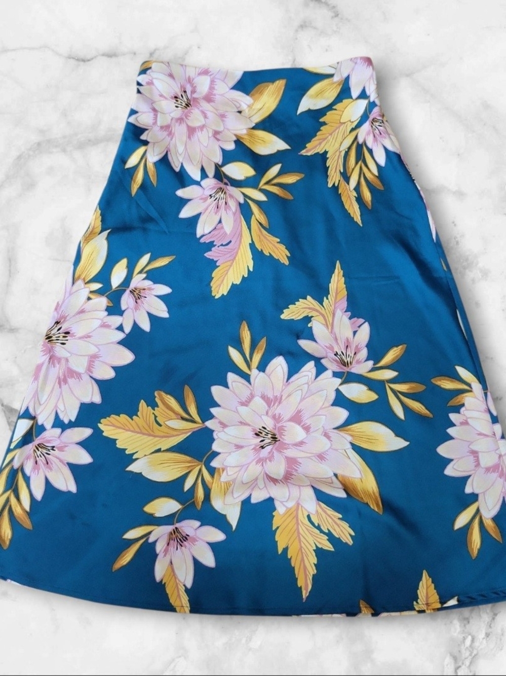 Forever 21 Teal Blue Floral Midi Skirt with Pink & Gold Accents - Picture 2 of 3